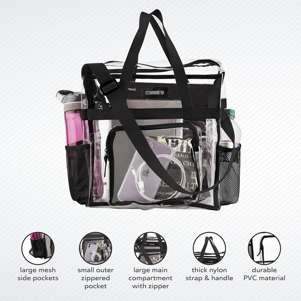 Clear Tote Bag Stadium Approved, Mesh Pockets, Shoulder Straps and Zippered Top, Perfect Clear Bag for Work, School, Sports Games and Concerts, Meets Stadium Tournament Guidelines, (Black)